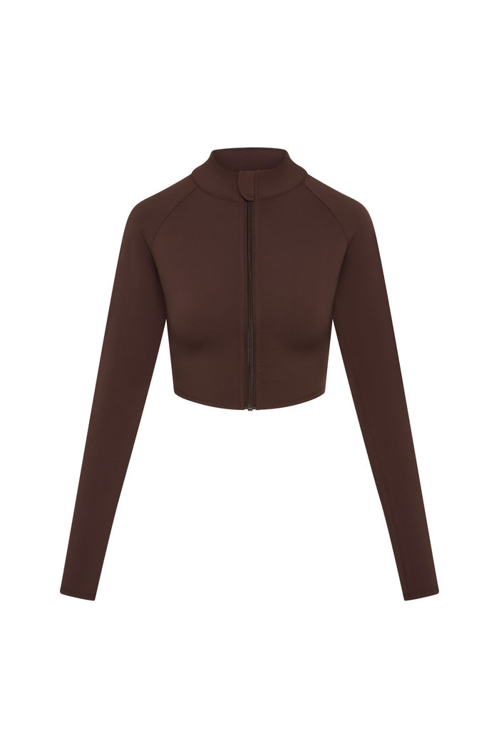 Brown cropped long-sleeve zip-up jacket with mock neck and center-front zipper