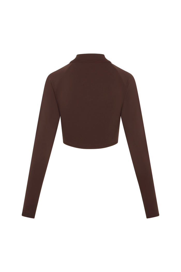 Rear view of Big Sur Jacket in Espresso showcasing cropped fit, mock neck and long sleeves on white background
