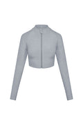 Light heather-gray cropped long-sleeve jacket with front zipper and stand collar.