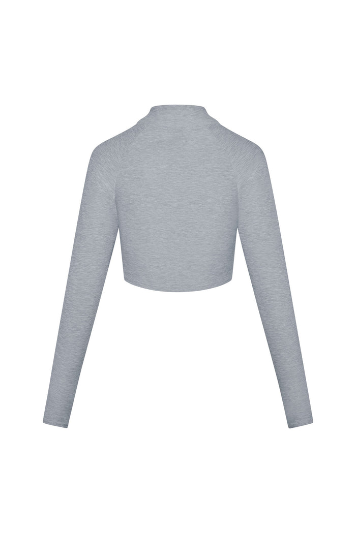 Back view of Big Sur Jacket in heather gray showcasing cropped length, raglan long sleeves, and mock neck on white background