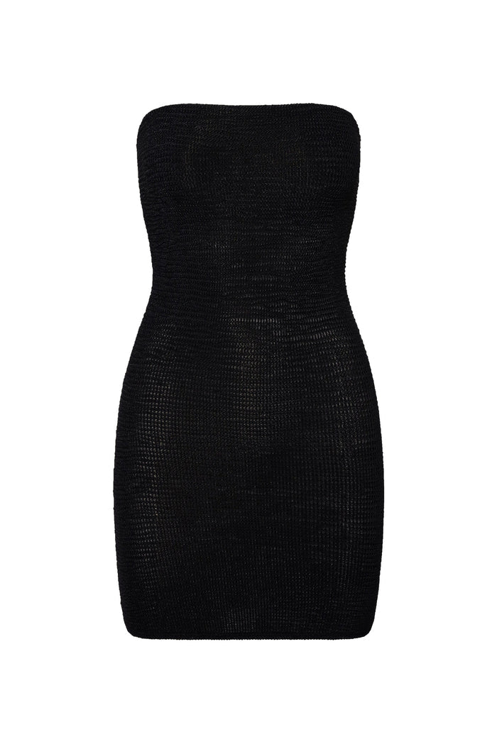 Front view of Bimini Dress in Black Crinkle showcasing strapless neckline and fitted crinkle texture on white background