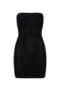 Front view of Bimini Dress in Black Crinkle showcasing strapless neckline and fitted crinkle texture on white background