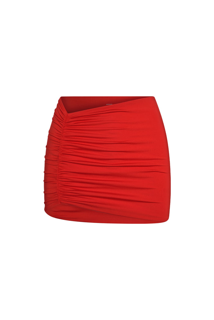 Front close up of Bimini Skirt in Chili Pepper showing side rouched detail, low to mid rise, pull on mini on white background
