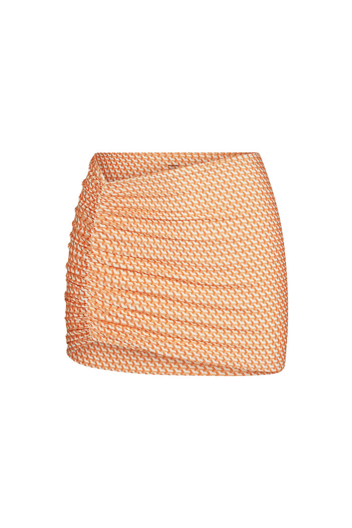 Front view of Bimini Skirt - Micro Geo showing orange micro-geo print, ruched side detail and mini length on white background