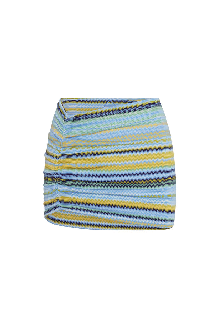 Front of Bimini skirt, Sardinia Stripe Azure, showing side ruching, V-shaped waistband and horizontal stripes on white