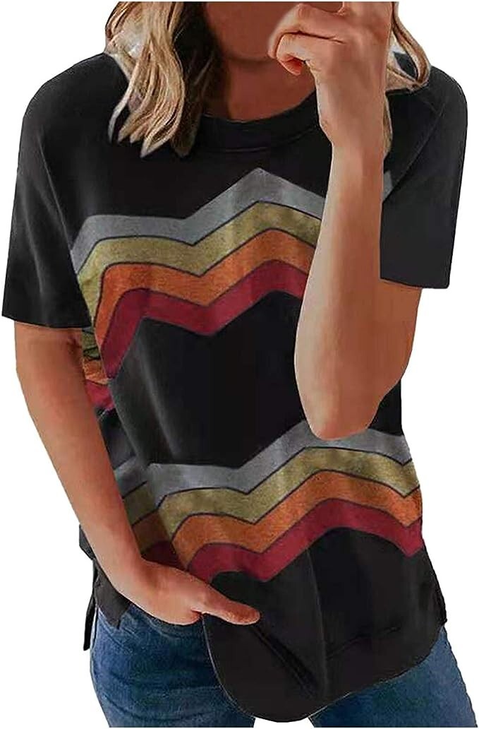 Biucly Women's Summer Top Casual Short Sleeve Loose T-Shirt, Black, Small