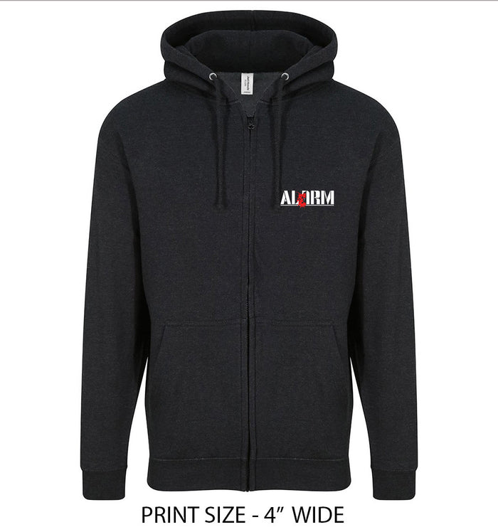 Black Smoke Hoodie with classic ALARM Strength logo with Mike Peters Silhouette on poppy