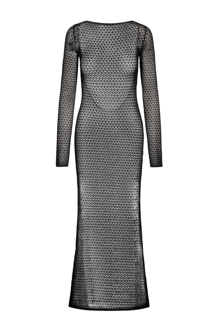 Rear view of Bodrum Dress in black lace crochet showcasing sheer fitted maxi silhouette and long sleeves on white background