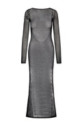 Rear view of Bodrum Dress in black lace crochet showcasing sheer fitted maxi silhouette and long sleeves on white background