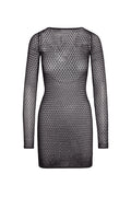 Back view of Bodrum Mini Dress in black lace crochet showing long sleeves, fitted waist, and open knit on white background