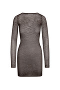 Back view of Bodrum Mini Dress in espresso lace crochet showcasing fitted silhouette and long sleeves on white background