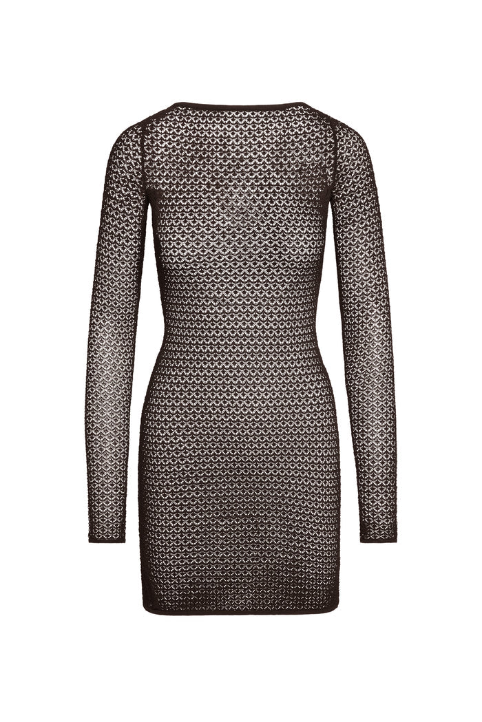 Back view of Bodrum Mini Dress in espresso lace crochet showcasing fitted silhouette and long sleeves on white background