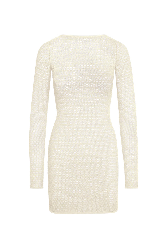 Back view of Bodrum Mini Dress in ivory lace crochet, fitted bodycon mini with long sleeves on white background