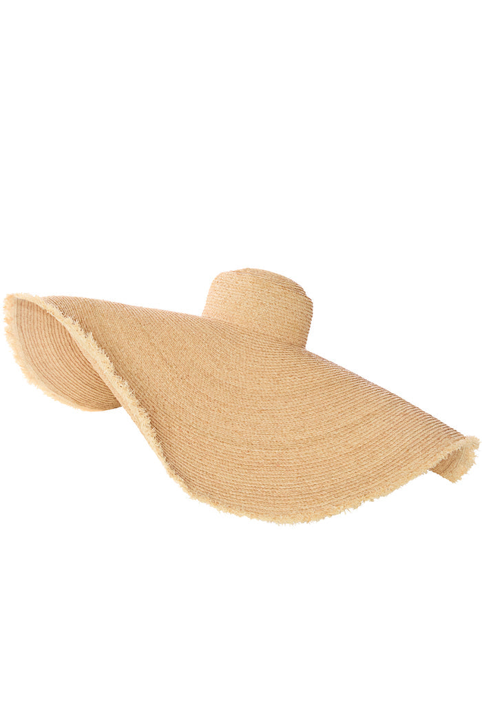 Angled top view of Bondi Hat - Oversized Brim showcasing the 5 1/2-inch frayed straw brim on a white background
