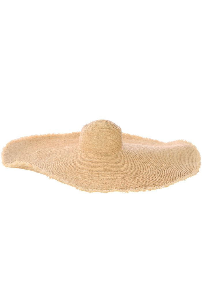 Front view of Bondi Hat - Oversized Brim showing flat crown and 5 1/2-inch frayed straw brim on white background