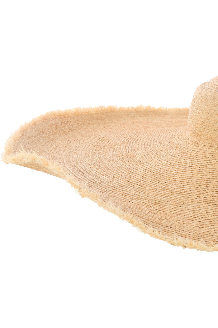 Close-up of Bondi Hat - Oversized Brim showing frayed 5 1/2 inch straw brim on white background