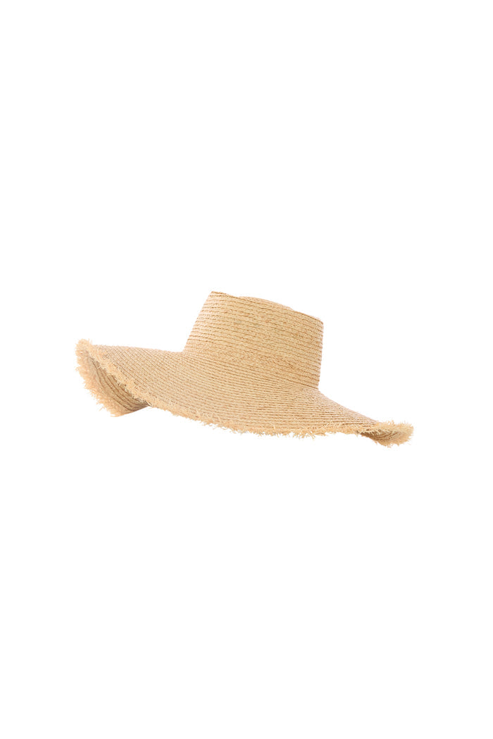 Three-quarter view of Bondi Hat - Small Brim showcasing flat crown and 4 1/2 inch frayed brim on white background
