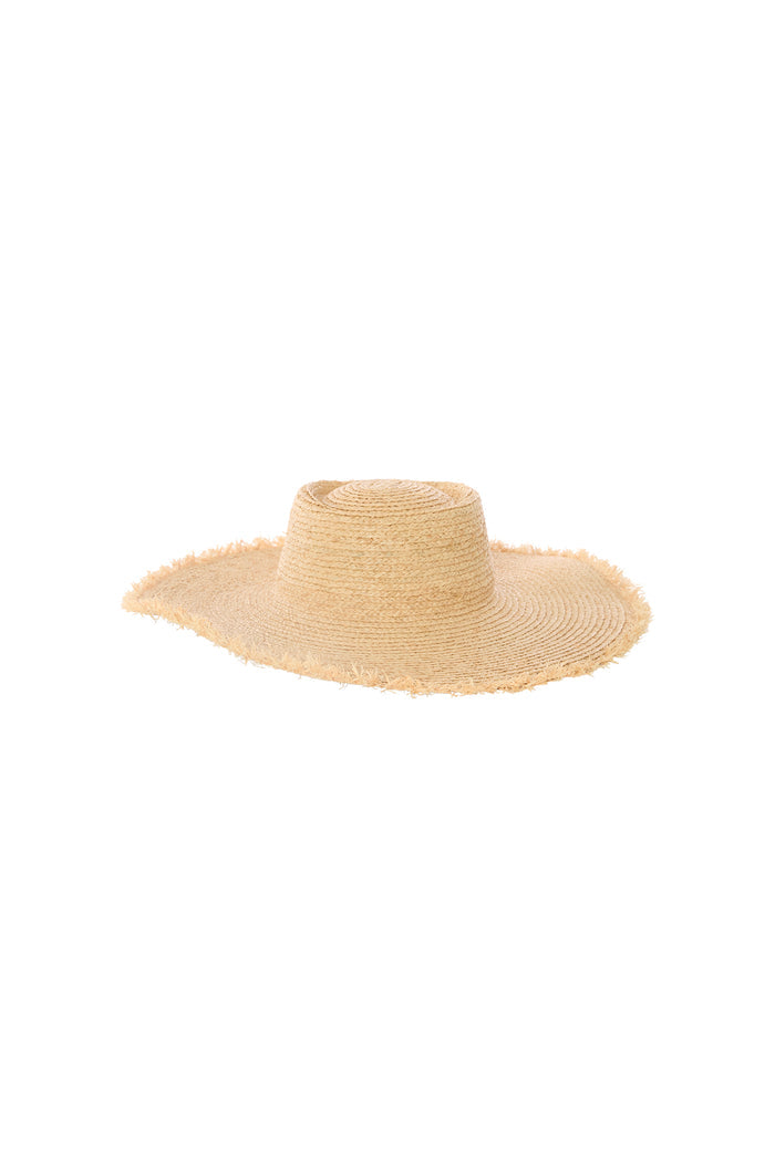 Angled front view of Bondi Hat - Small Brim showcasing 4 1/2 inch frayed brim and flat crown on white background