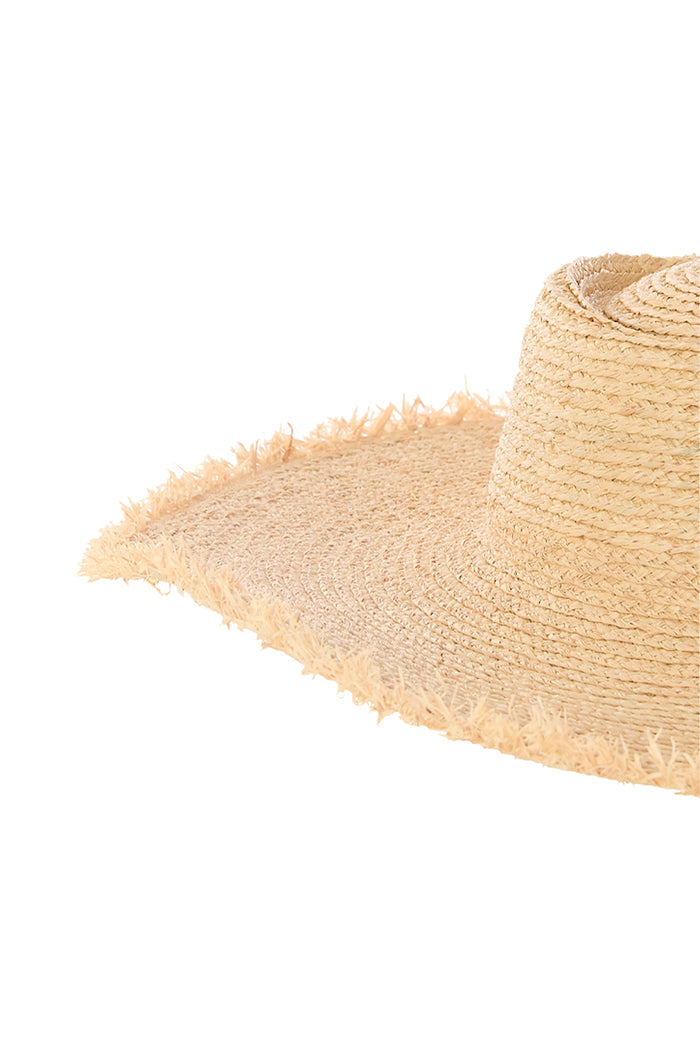 Angled close-up of Bondi Hat - Small Brim showing 4 1/2 inch frayed straw brim and flat crown on white background