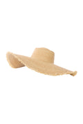 Three-quarter view of Bondi Hat - Wide Brim showcasing 5 1/2 inch frayed straw brim on white background