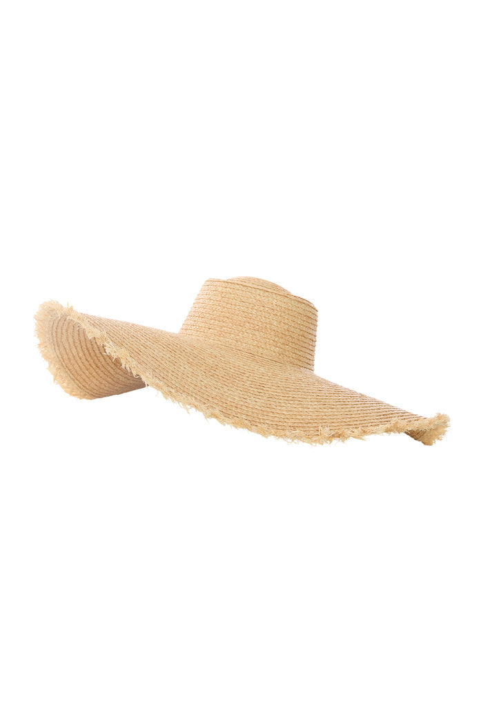Three-quarter view of Bondi Hat - Wide Brim showcasing 5 1/2 inch frayed straw brim on white background