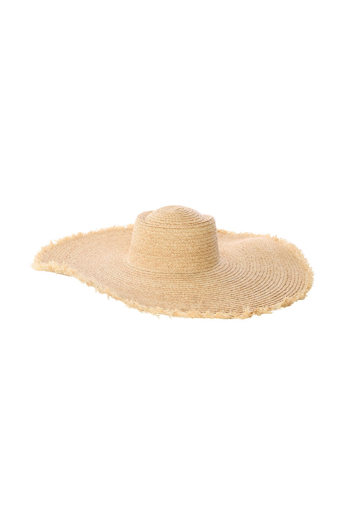 Three-quarter view of Bondi Hat - Wide Brim showing 5.5-inch frayed wide brim and braided straw texture on white background