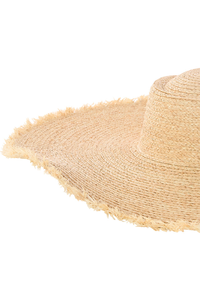 Close-up three-quarter view of Bondi Hat - Wide Brim straw hat showing frayed 5 1/2-inch wide brim on white background