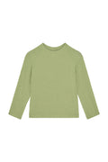 Front view of Bondi Rashguard Kids in avocado crinkle showcasing long sleeves and textured crinkle fabric on white background