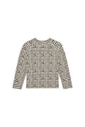 Front view of Bondi Rashguard Kids - Black Gingham showing long-sleeve lined rashguard in black gingham on white background