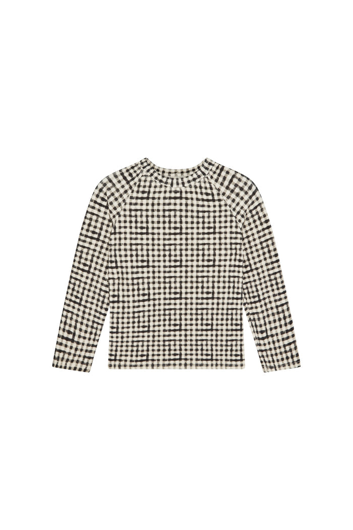 Front view of Bondi Rashguard Kids - Black Gingham showing long-sleeve lined rashguard in black gingham on white background