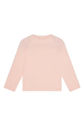 Front flat lay of Bondi Rashguard Kids in powder pink crinkle showcasing long sleeves, textured crinkle fabric and crew neckline on white background