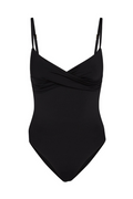 Front view of Bordeaux Moderate One Piece in black with ruched crossover V-front and adjustable thin straps