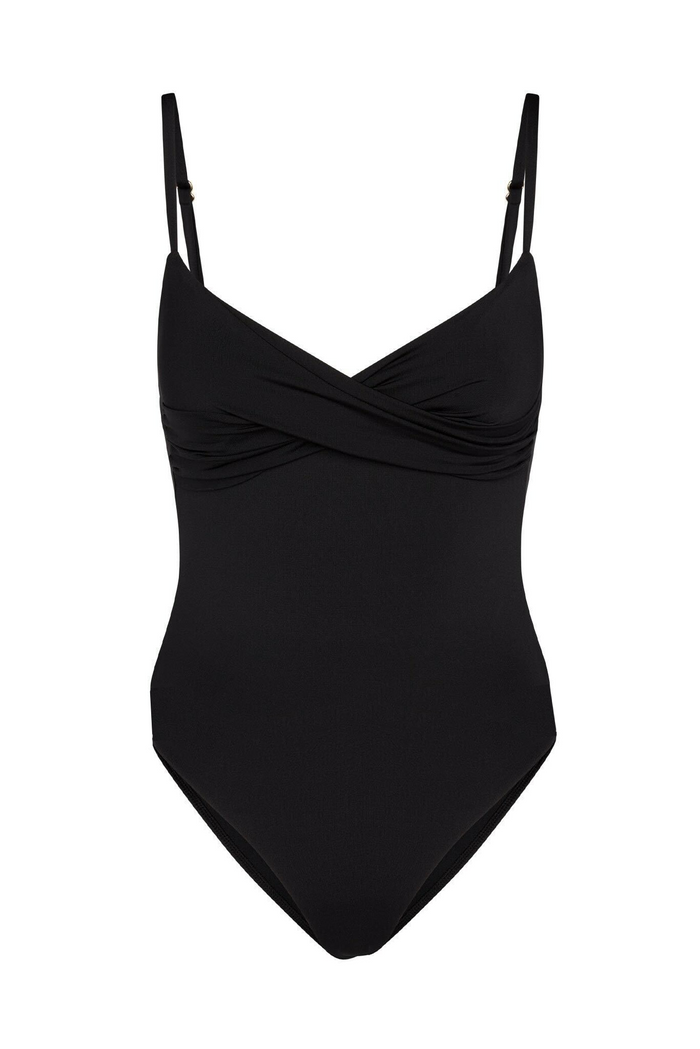 Front view of Bordeaux Moderate One Piece in black with ruched crossover V-front and adjustable thin straps