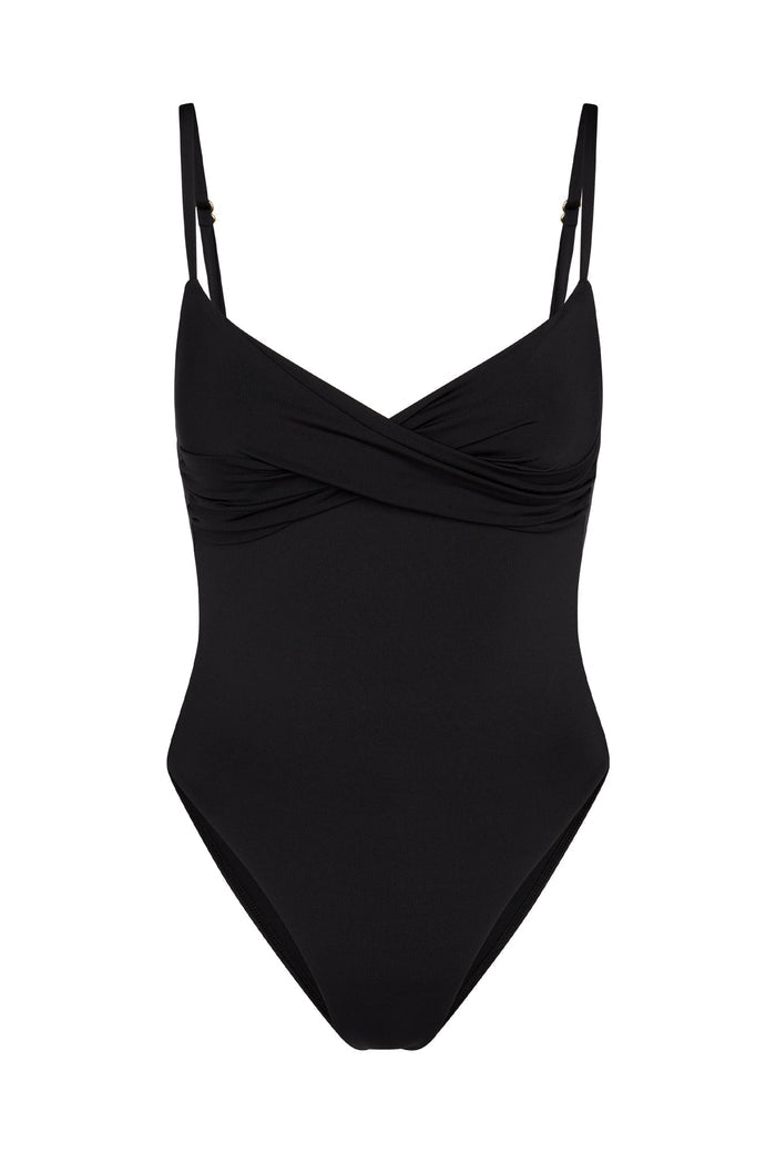 Black one-piece swimsuit with cross-front detail and adjustable spaghetti straps on white background.