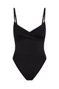 Black one-piece swimsuit with cross-front detail and adjustable spaghetti straps on white background.