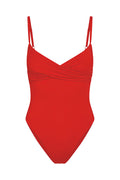 Front view of Bordeaux One Piece in Chili Pepper showing crossover neckline, adjustable thin shoulder straps, and high-cut leg on white background