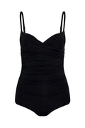 Black ruched one-piece swimsuit with adjustable thin shoulder straps