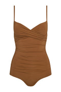 Front of Bordeaux one-piece swimsuit in caramel with crossover neckline, ruched torso and thin adjustable straps