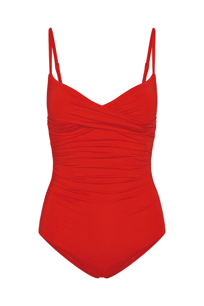 Front of Bordeaux one-piece (Chili Pepper) showing ruched crossover neckline, adjustable straps, and full coverage on white