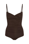 Front of Bordeaux one-piece swimsuit in Espresso with crossover neckline, adjustable thin straps, and ruched torso on white background