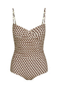 Front of Bordeaux one-piece Husk Geo showing crossover neckline, adjustable straps and ruched torso on white