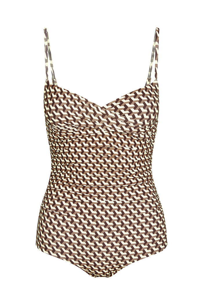 Front of Bordeaux one-piece Husk Geo showing crossover neckline, adjustable straps and ruched torso on white