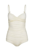 Cream ruched one-piece swimsuit with adjustable spaghetti straps and sweetheart neckline