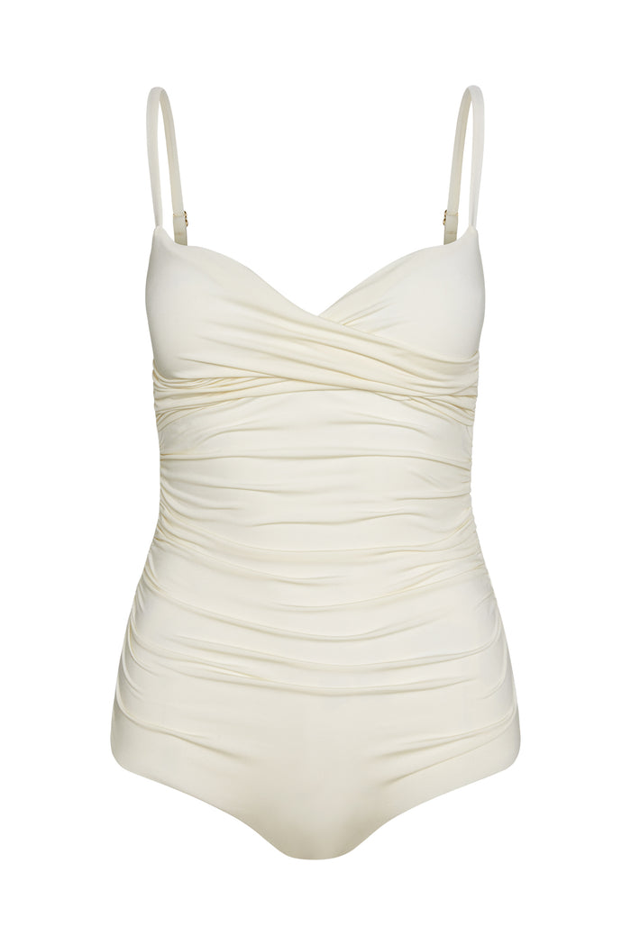 Cream ruched one-piece swimsuit with adjustable spaghetti straps and sweetheart neckline