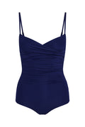 Front of Bordeaux one-piece swimsuit in Midnight with crossover neckline, adjustable straps and ruched torso on white