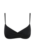Black wrap-front bikini top with thin shoulder straps and draped underband.