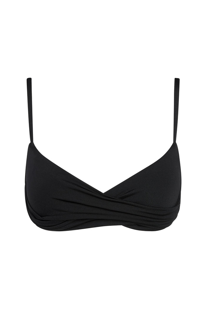 Black wrap-front bikini top with thin shoulder straps and draped underband.