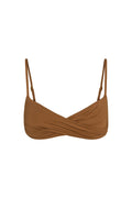 Front view of Bordeaux Top in caramel showing crossover front detail and adjustable thin straps on white background