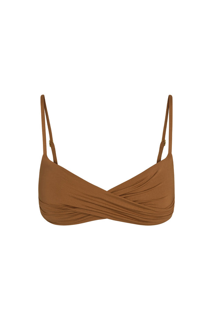 Front view of Bordeaux Top in caramel showing crossover front detail and adjustable thin straps on white background
