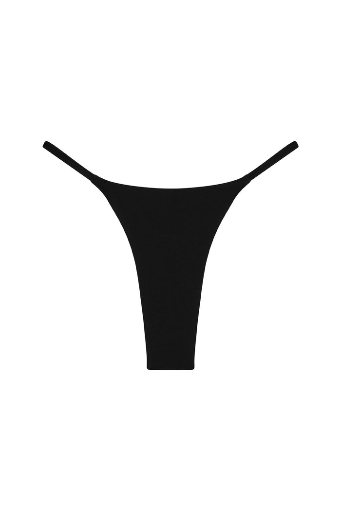 Front view of Brazil Thong in black showcasing high-cut V-front and thin side straps on white background